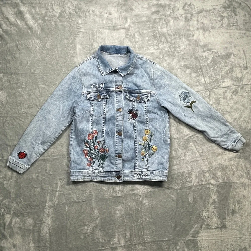 Zara Girls Embroidered Denim Jacket Light Wash Floral Bee Ladybug‎ Blue Size 14